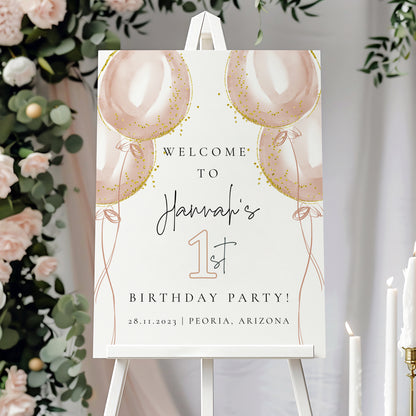 Pink Balloon Girl First Birthday Welcome Sign