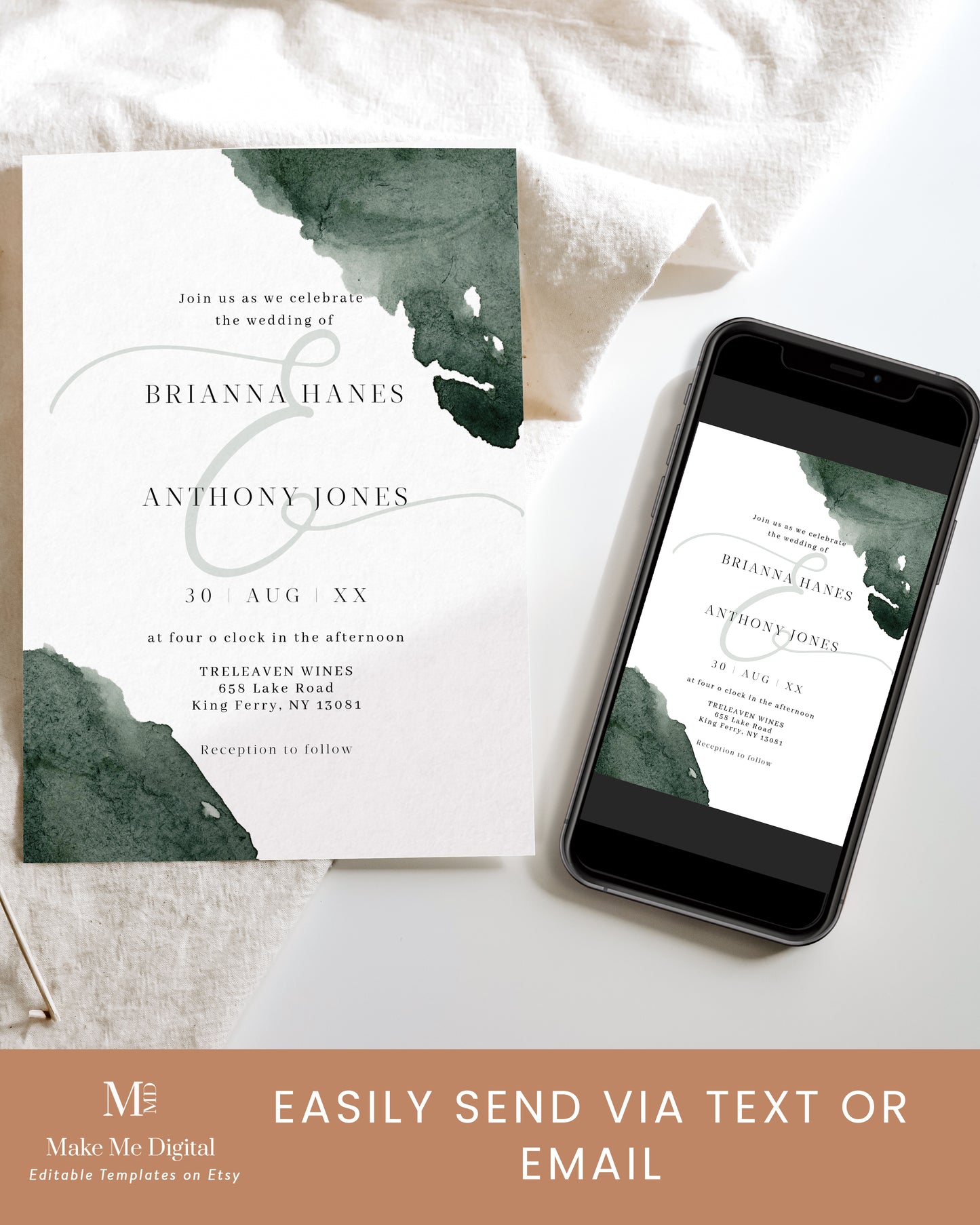 Timeless Emerald Green Splash Wedding Invite