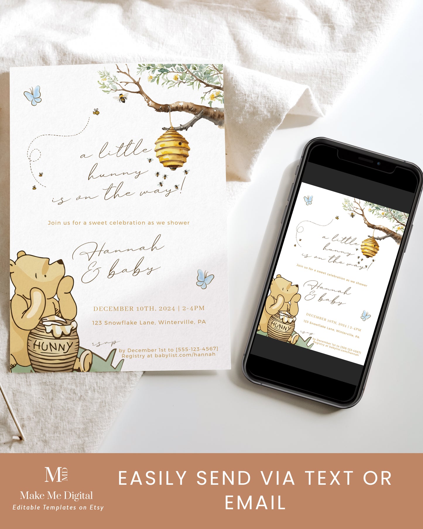 Winnie-the-Pooh Bear Baby Shower Invitation template