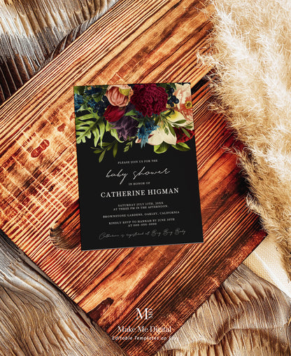 Black Dark moody floral baby shower invitation SUITE