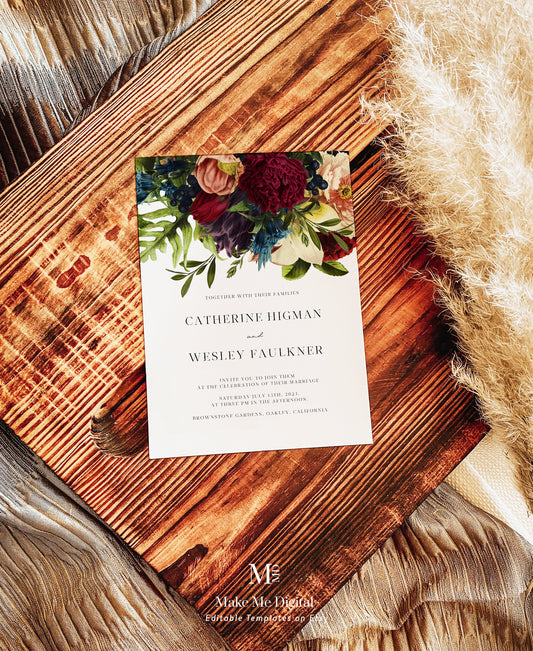 Burgundy Floral Wedding Invitation