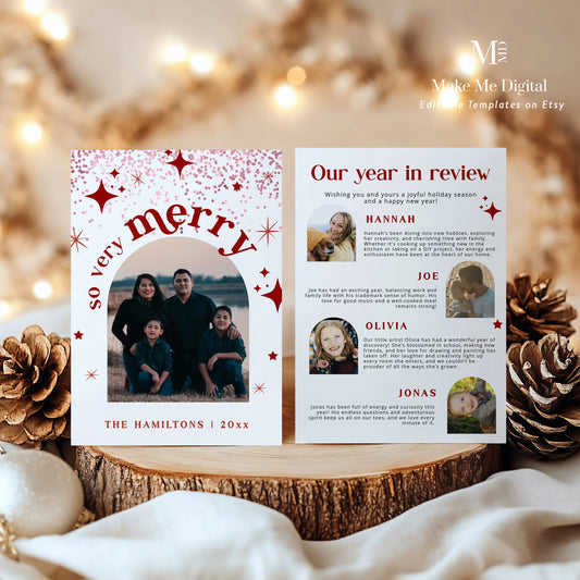 2024 Red Glitter Arch Christmas Card | So Very Merry Retro Family Photo Year in Review Template