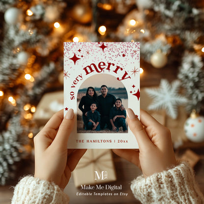 2024 Red Glitter Arch Christmas Card | So Very Merry Retro Family Photo Year in Review Template