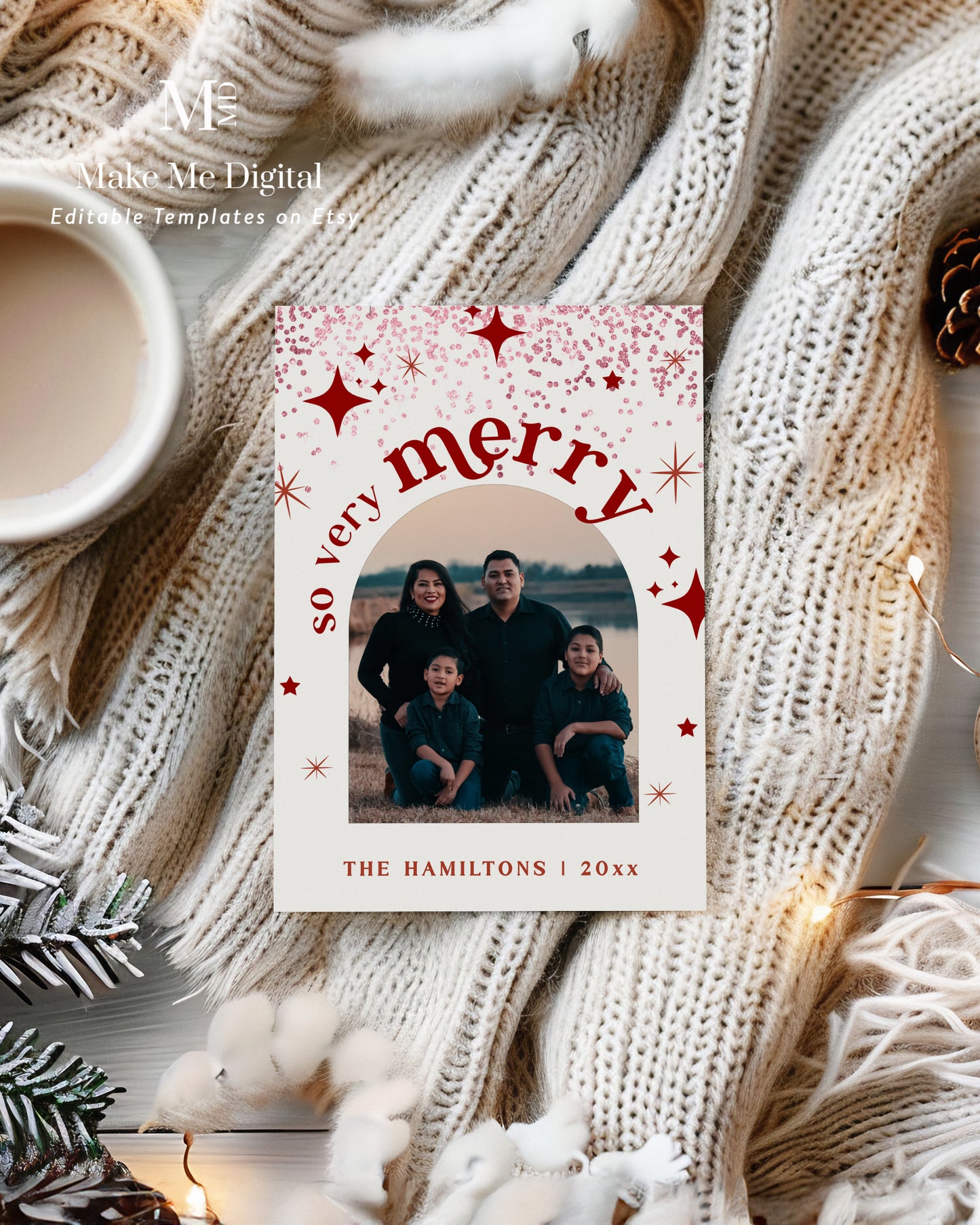 2024 Red Glitter Arch Christmas Card | So Very Merry Retro Family Photo Year in Review Template