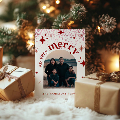 2024 Red Glitter Arch Christmas Card | So Very Merry Retro Family Photo Year in Review Template