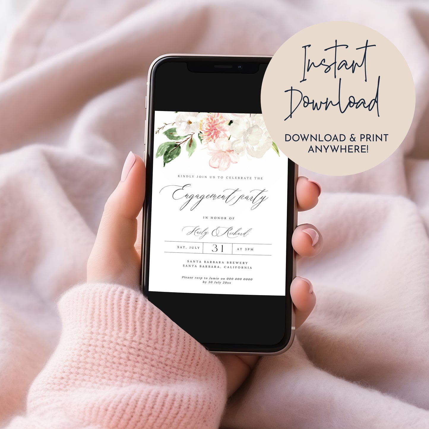 Blush Pink & White Floral Engagement Party Invitation