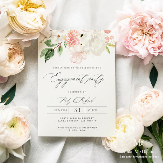 Blush Pink & White Floral Engagement Party Invitation