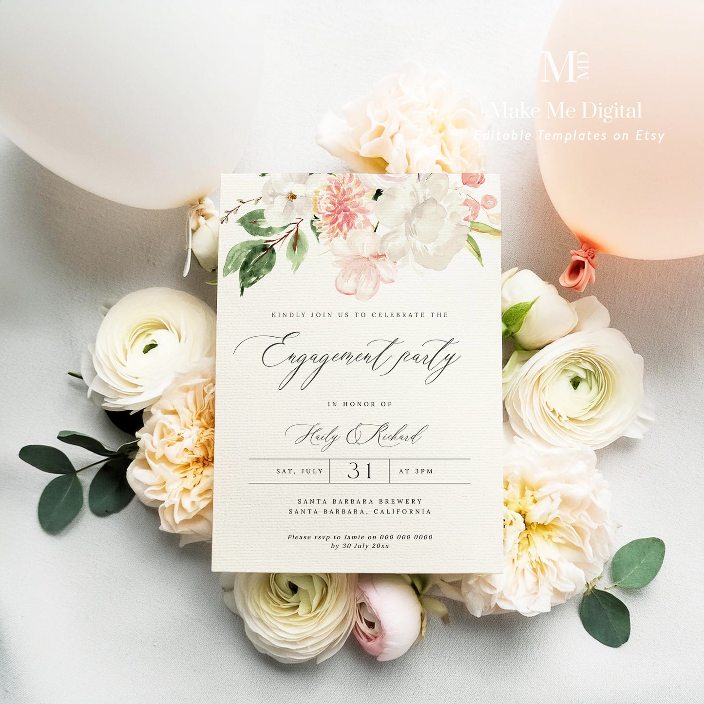 Blush Pink & White Floral Engagement Party Invitation