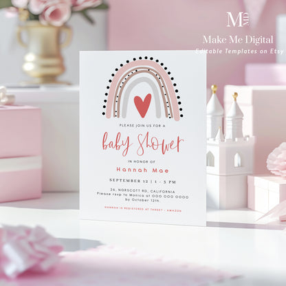 Pink Bohemian Rainbow Baby Shower Invitation