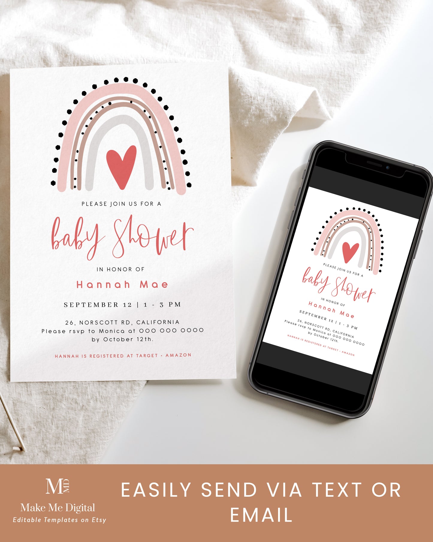 Pink Bohemian Rainbow Baby Shower Invitation