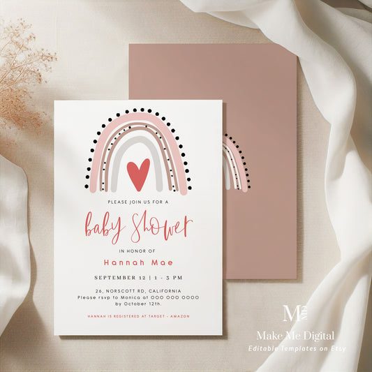 Pink Bohemian Rainbow Baby Shower Invitation