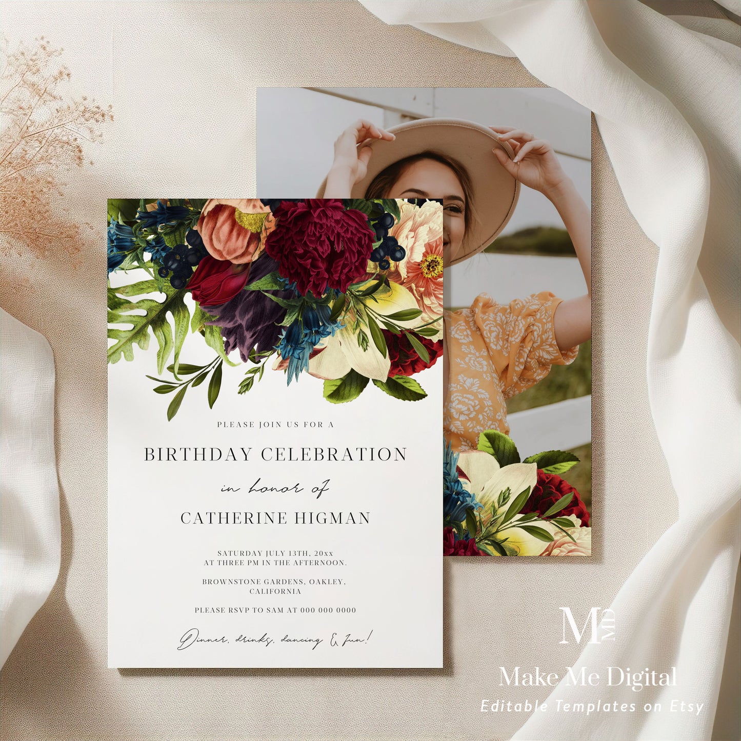 Burgundy Floral Birthday Invitation