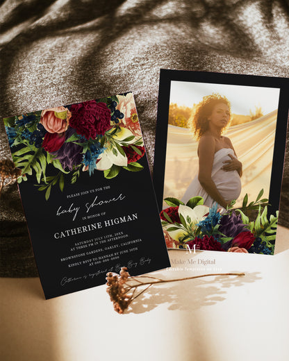 Black Dark moody floral baby shower invitation SUITE