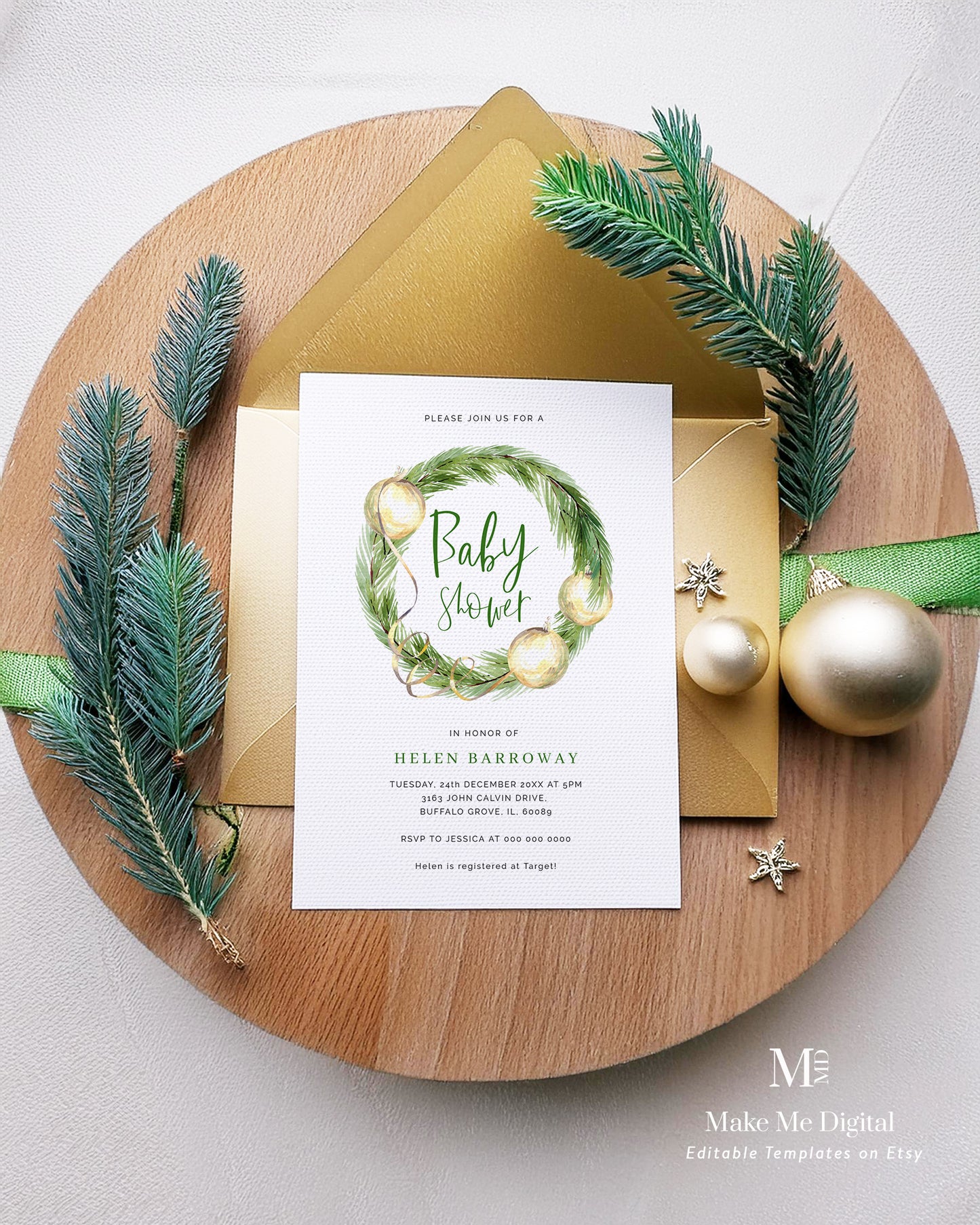 Green & Gold Christmas Baby Shower Invitation Bundle