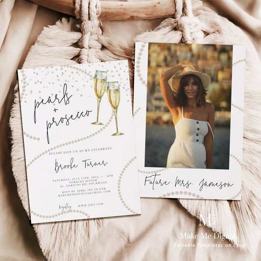 Pearls & Prosecco Modern Calligraphy Champagne Bridal Shower Invitation