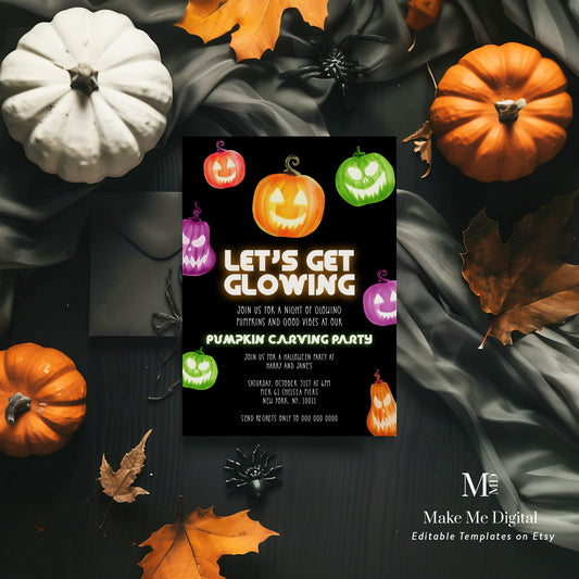 Glowing Pumpkin Carving Party Neon Halloween Invitation Template