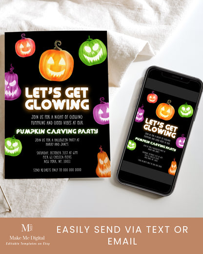 Glowing Pumpkin Carving Party Neon Halloween Invitation Template