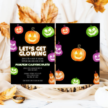 Glowing Pumpkin Carving Party Neon Halloween Invitation Template