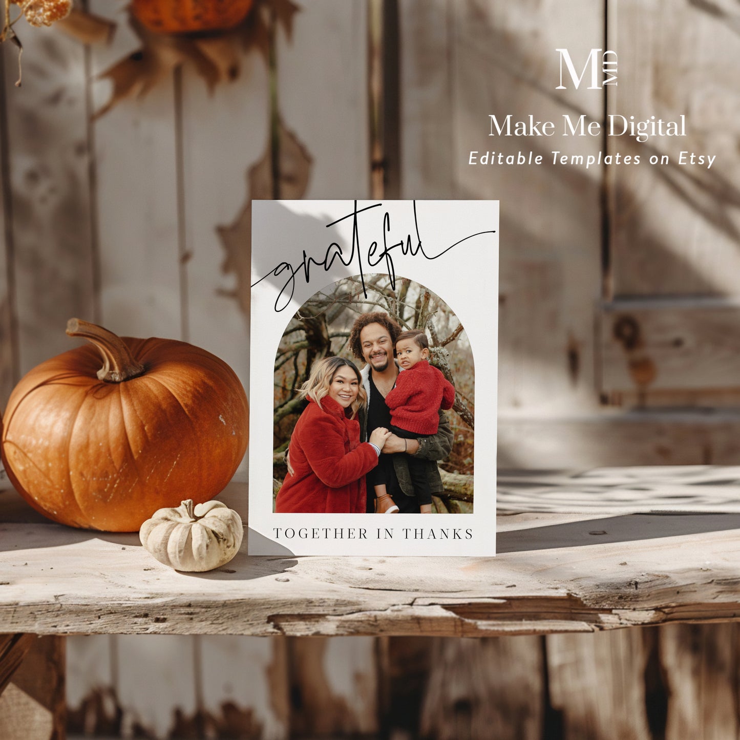 2024 Modern Minimalist Grateful Thanksgiving Family Photo Card Template