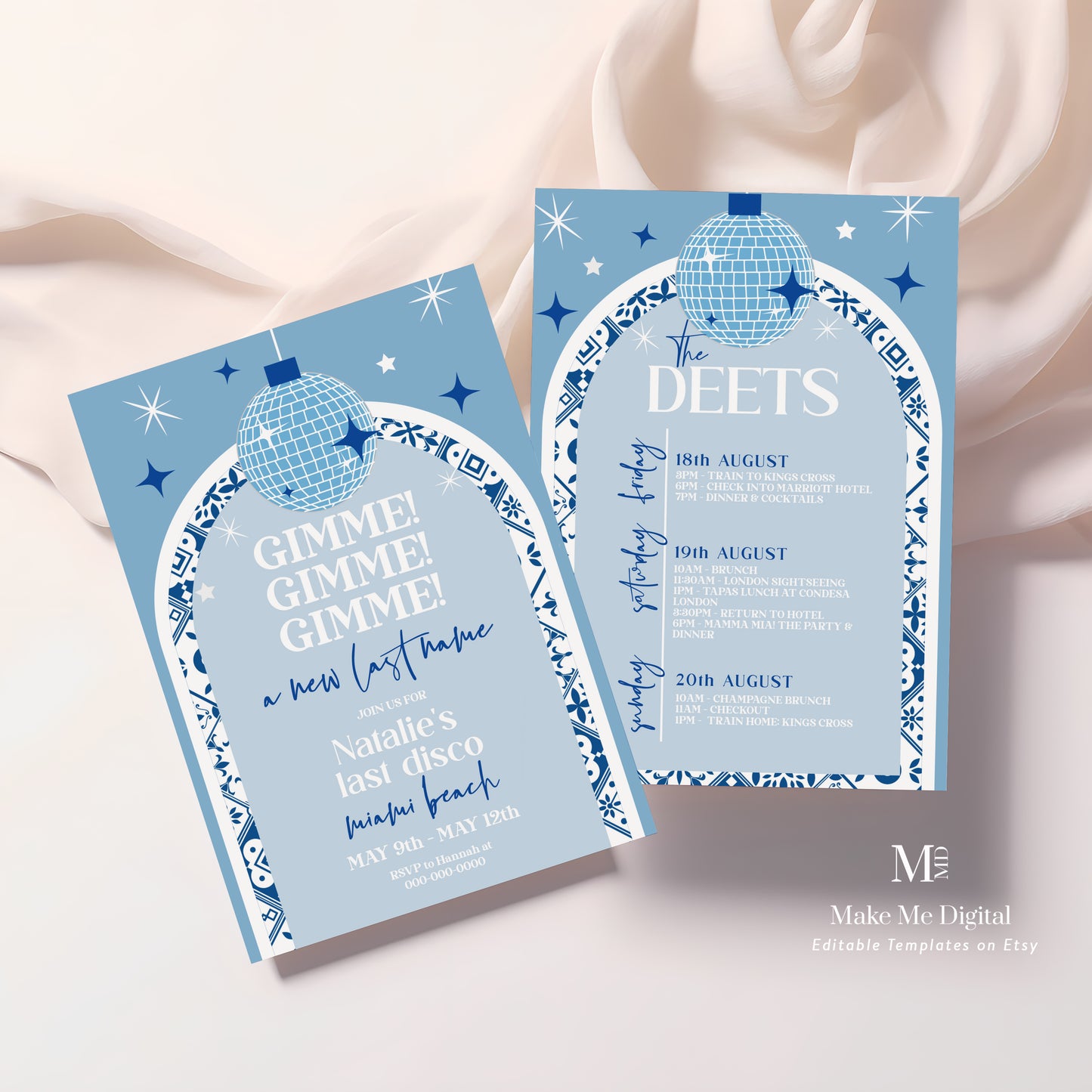 Gimme Gimme Gimme a husband blue tile Mamma Mia Bachelorette Weekend Invitation template