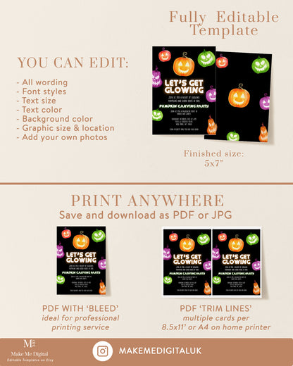 Glowing Pumpkin Carving Party Neon Halloween Invitation Template