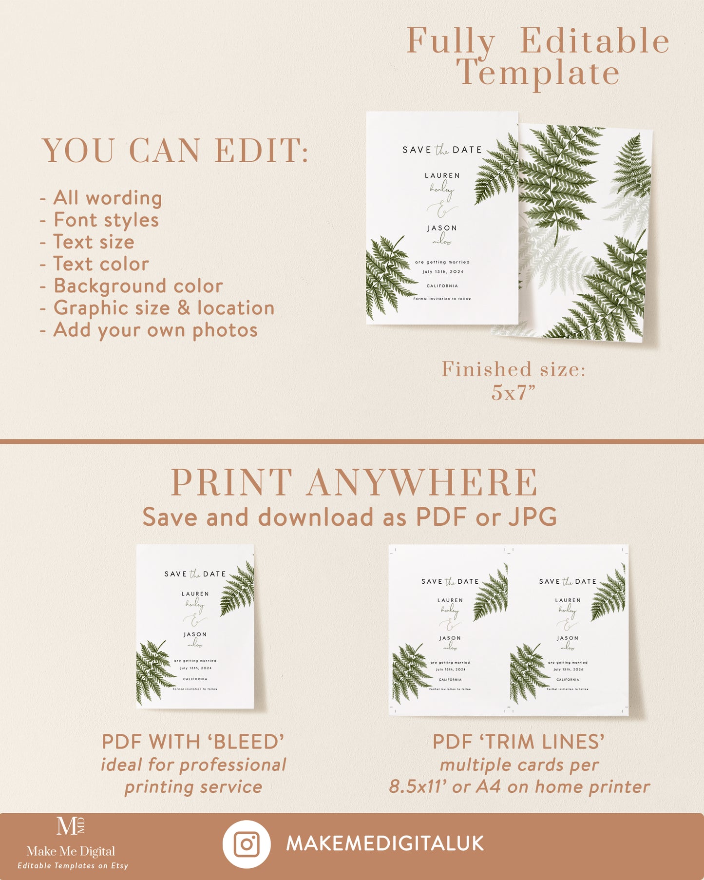 Watercolour Fern Wedding Save the Date Invitation template