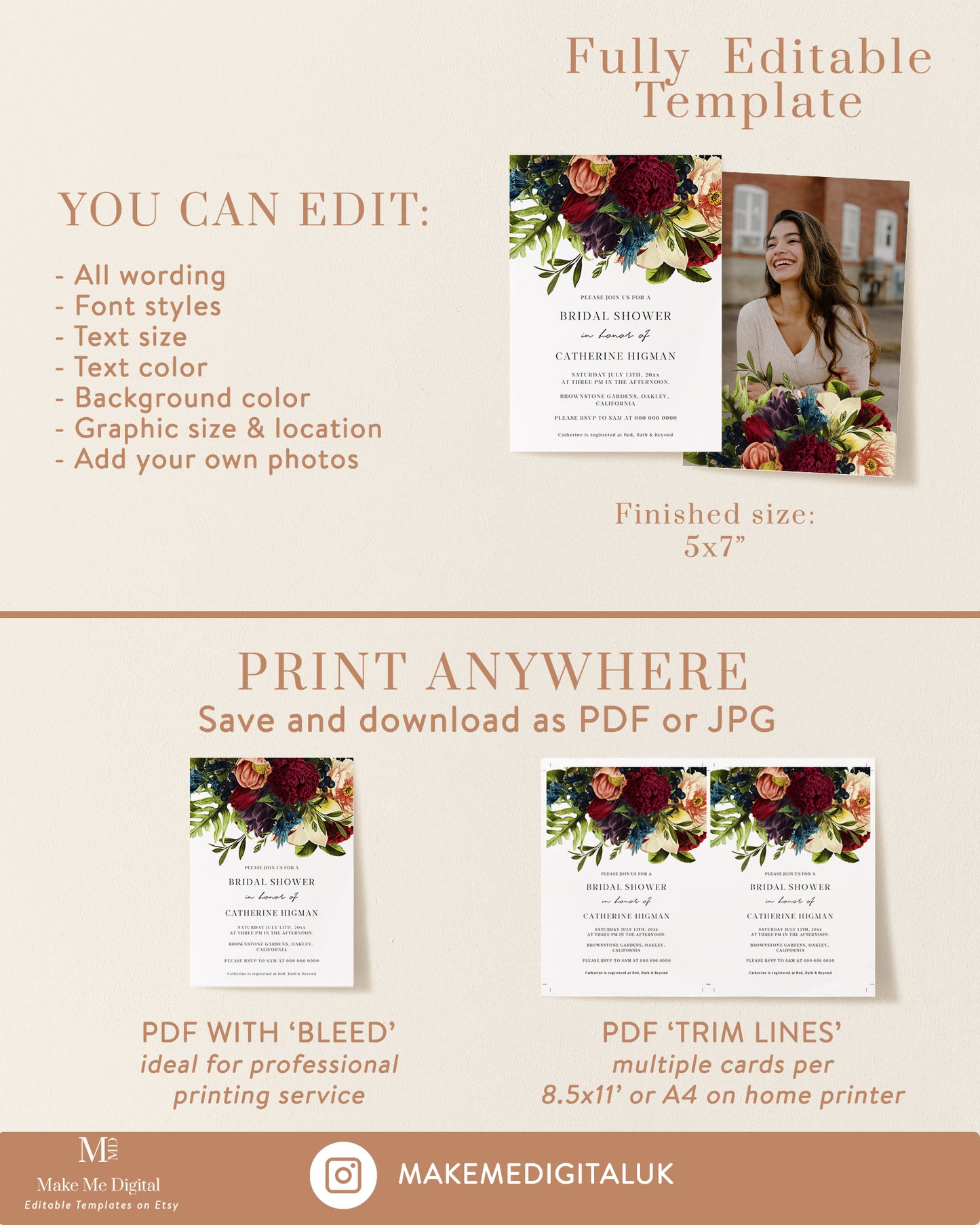 Burgundy Floral Bridal Shower Invitation