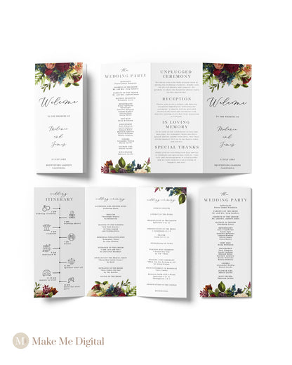 Burgundy Floral Wedding Trifold Table Program