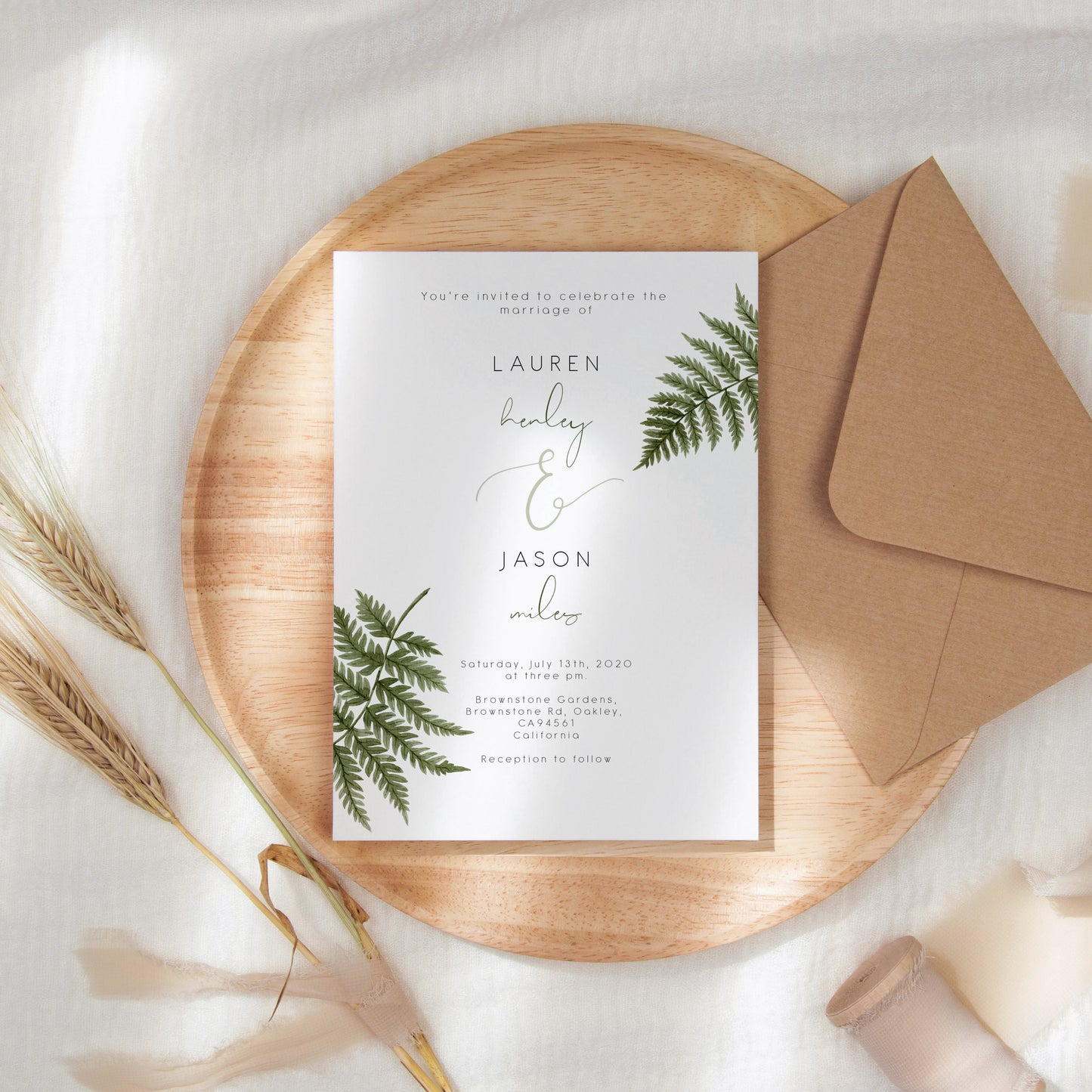 Watercolour Fern Wedding Invitation Single