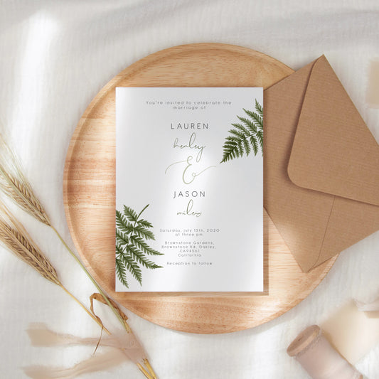 Watercolour Fern Wedding Invitation Single