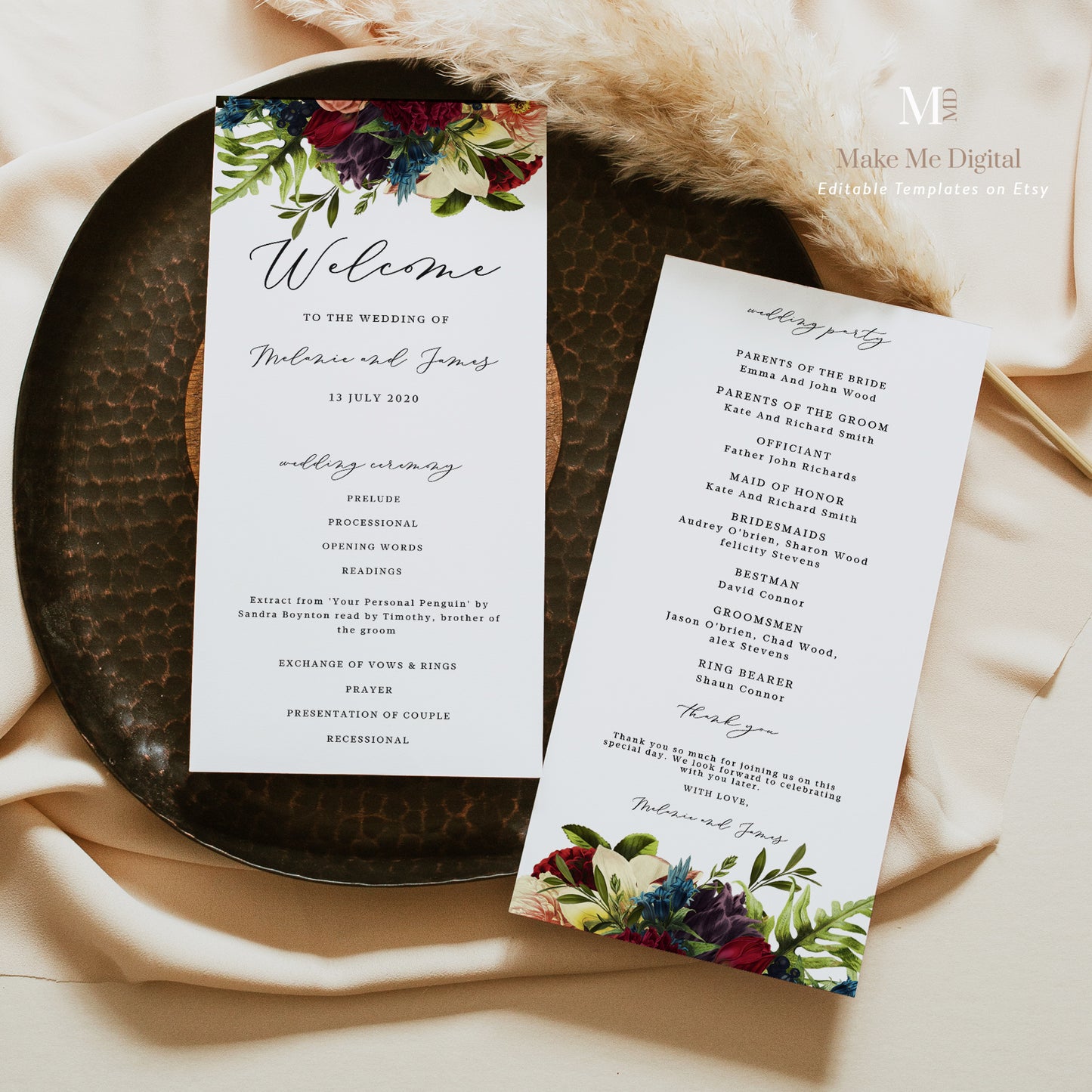 Burgundy Floral Wedding Trifold Table Program