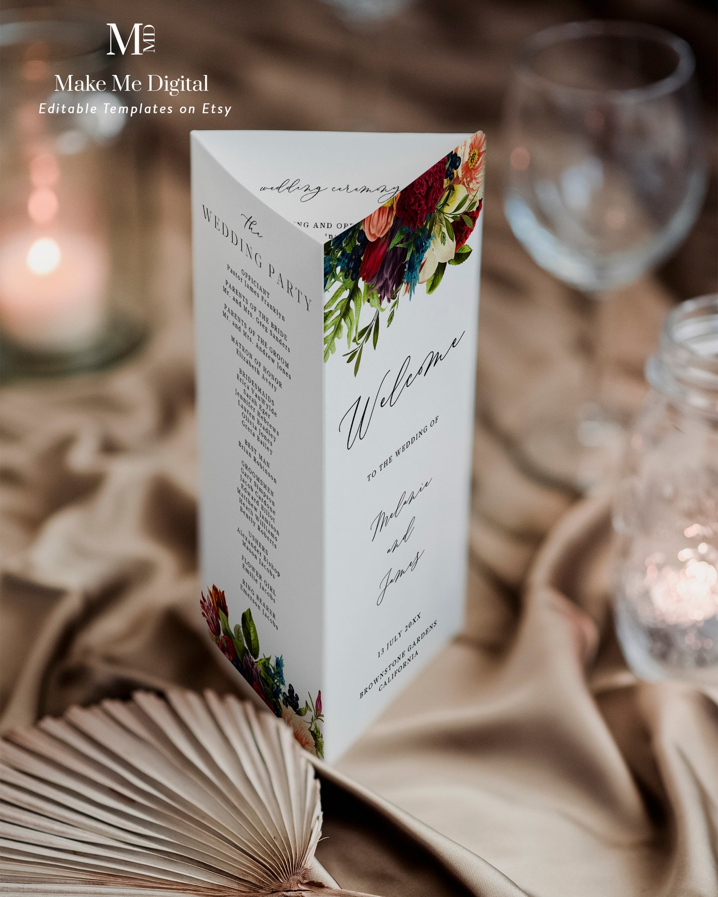 Burgundy Floral Wedding Trifold Table Program