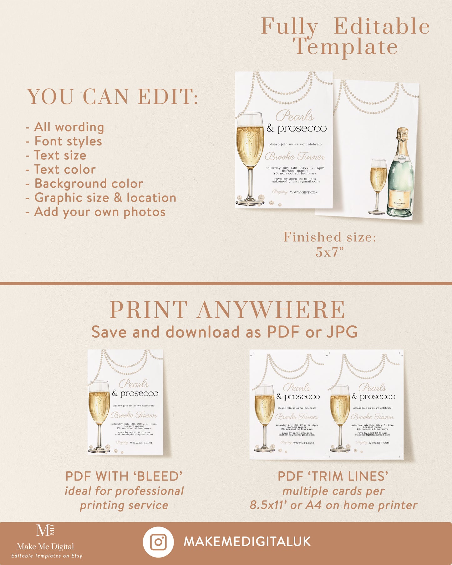 Pearls and Prosecco Photo Bridal Shower Invitation template