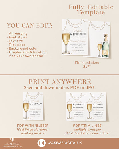 Pearls and Prosecco Photo Bridal Shower Invitation template