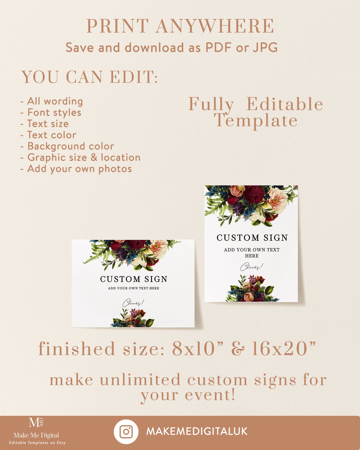 Jewel tone moody floral Custom wedding sign Poster Template