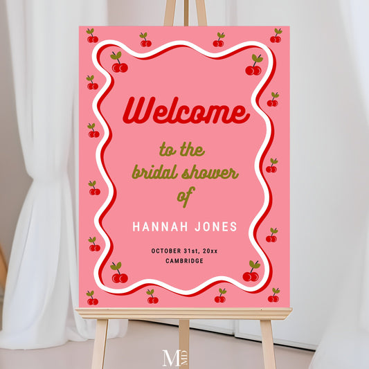 wavy border pink and red retro cherry bridal shower welcome sign