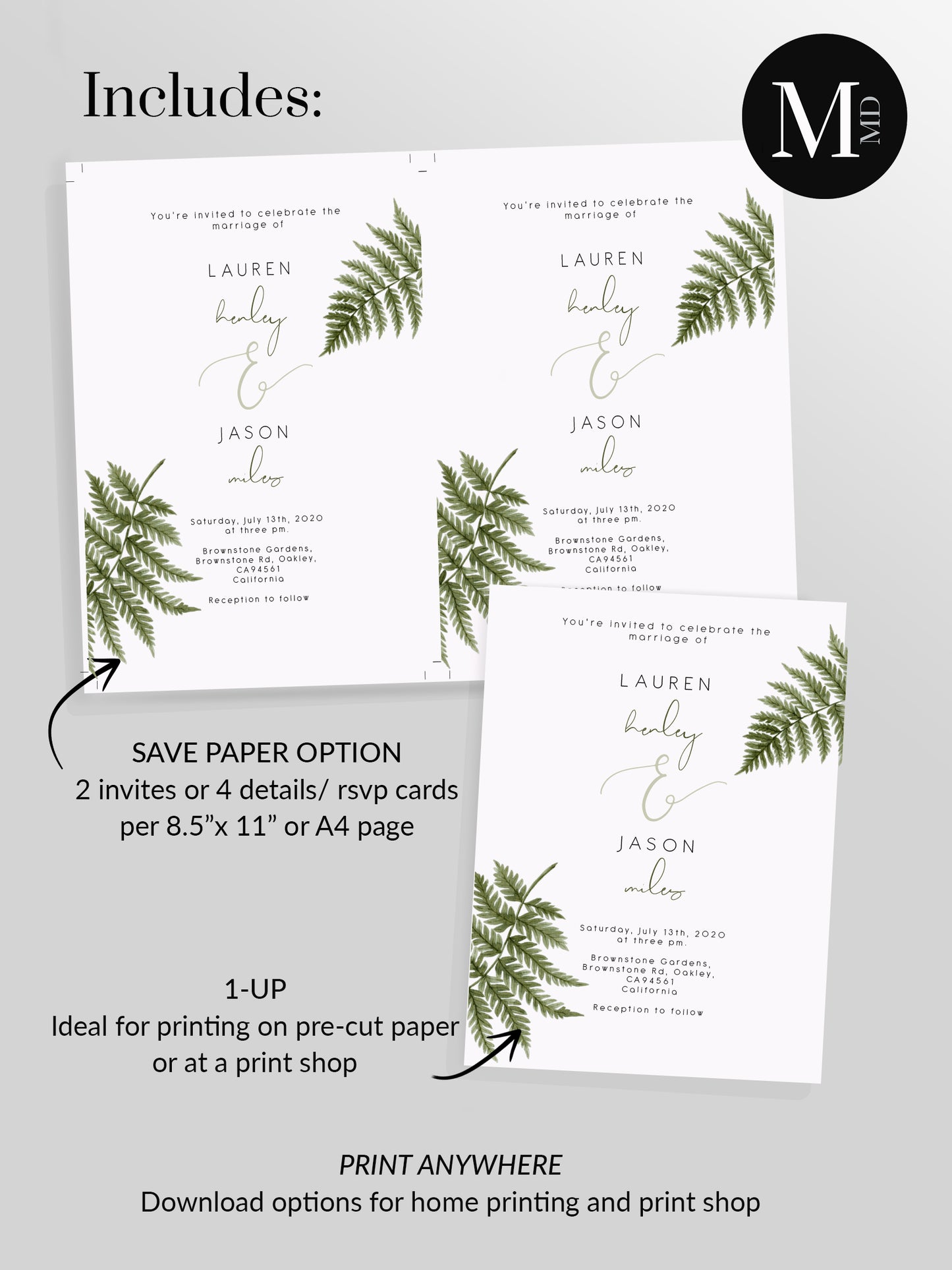 Fern wedding invitation suite & response card