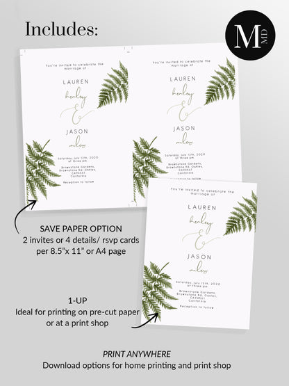 15 item Green Fern Wedding invitation & sign Stationery Bundle