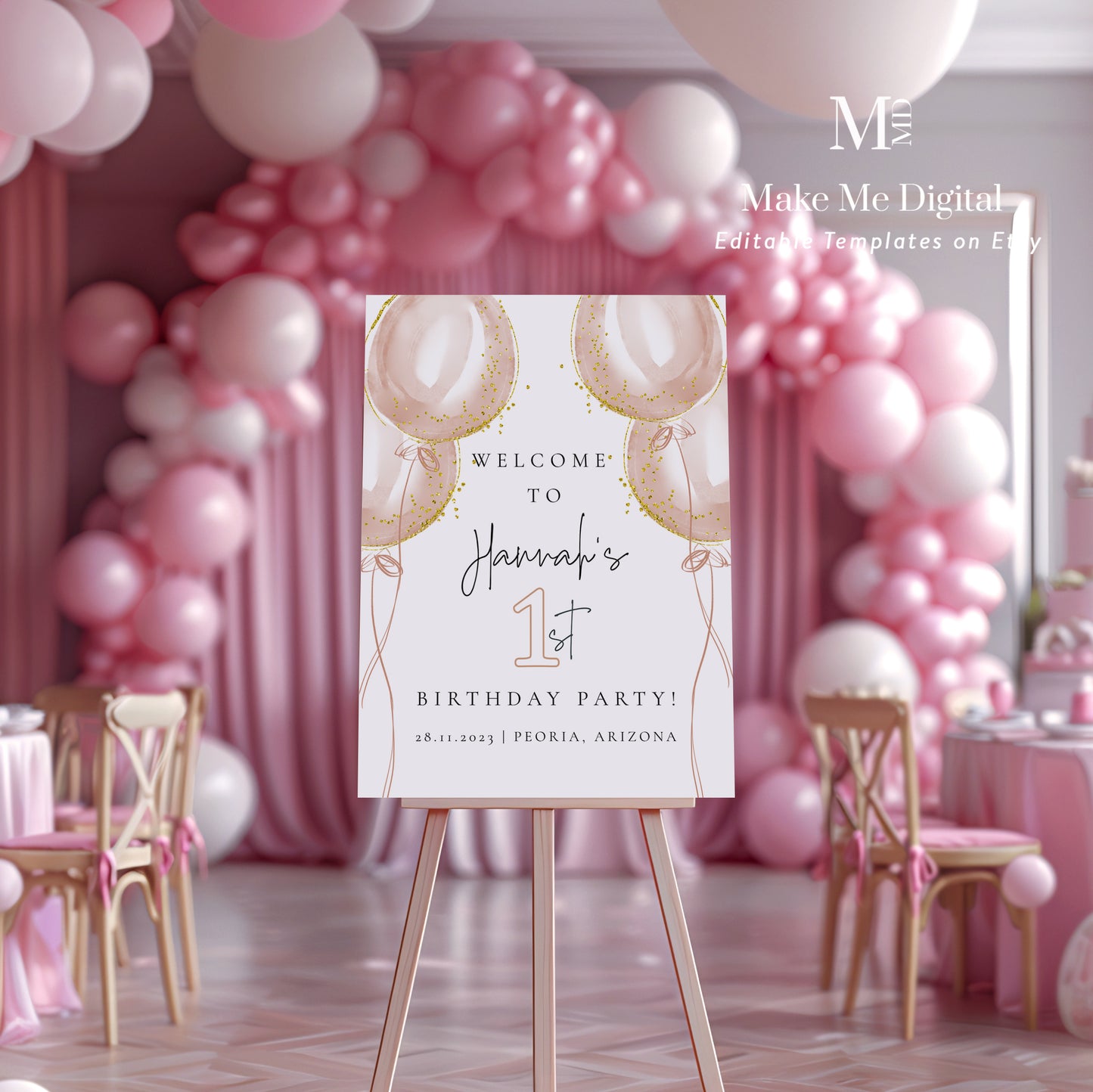 Pink Balloon Girl First Birthday Welcome Sign