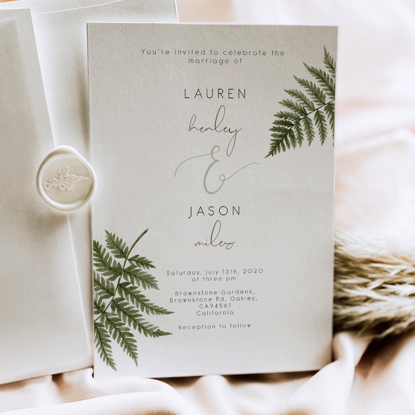 Watercolour Fern Wedding Invitation Single