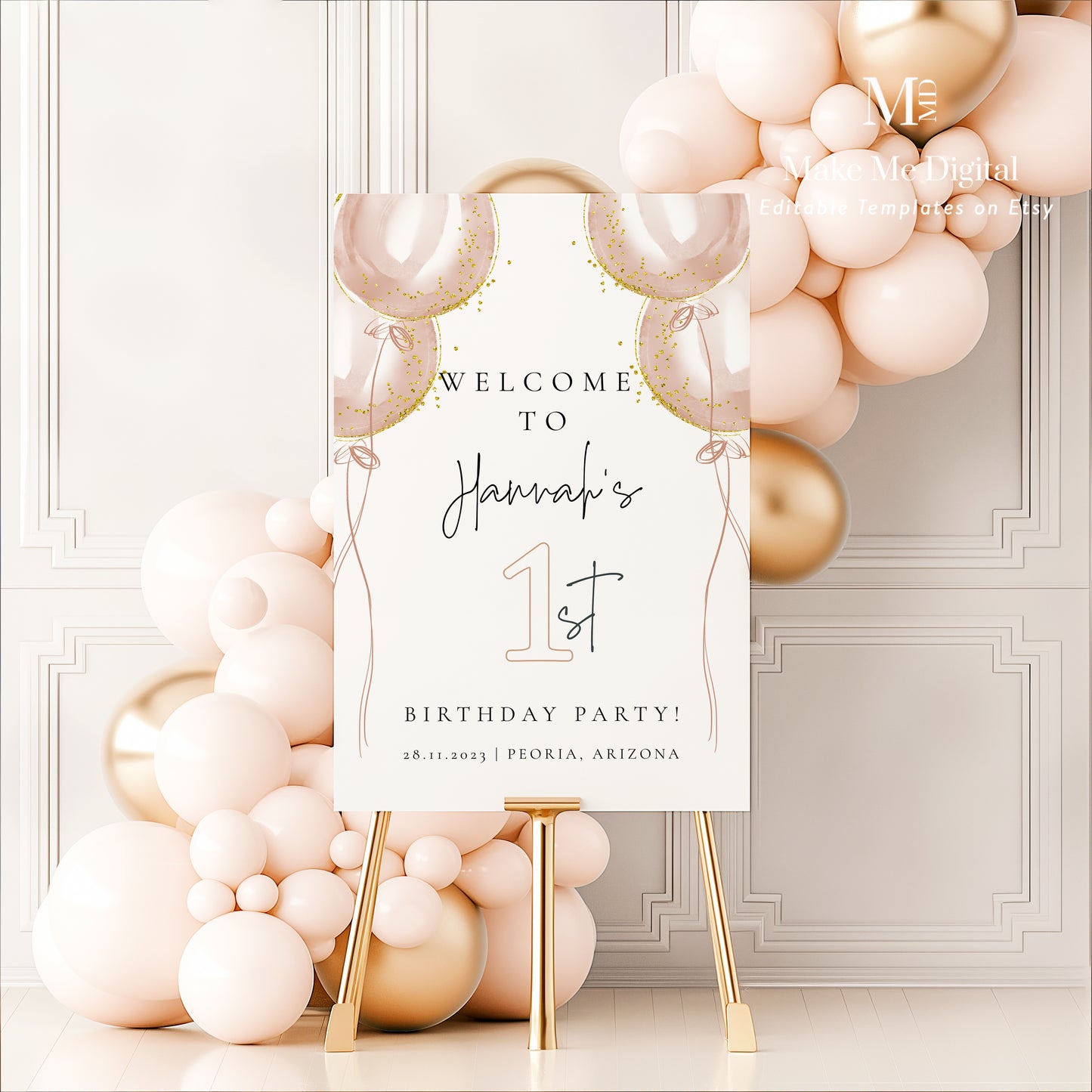 Pink Balloon Girl First Birthday Welcome Sign