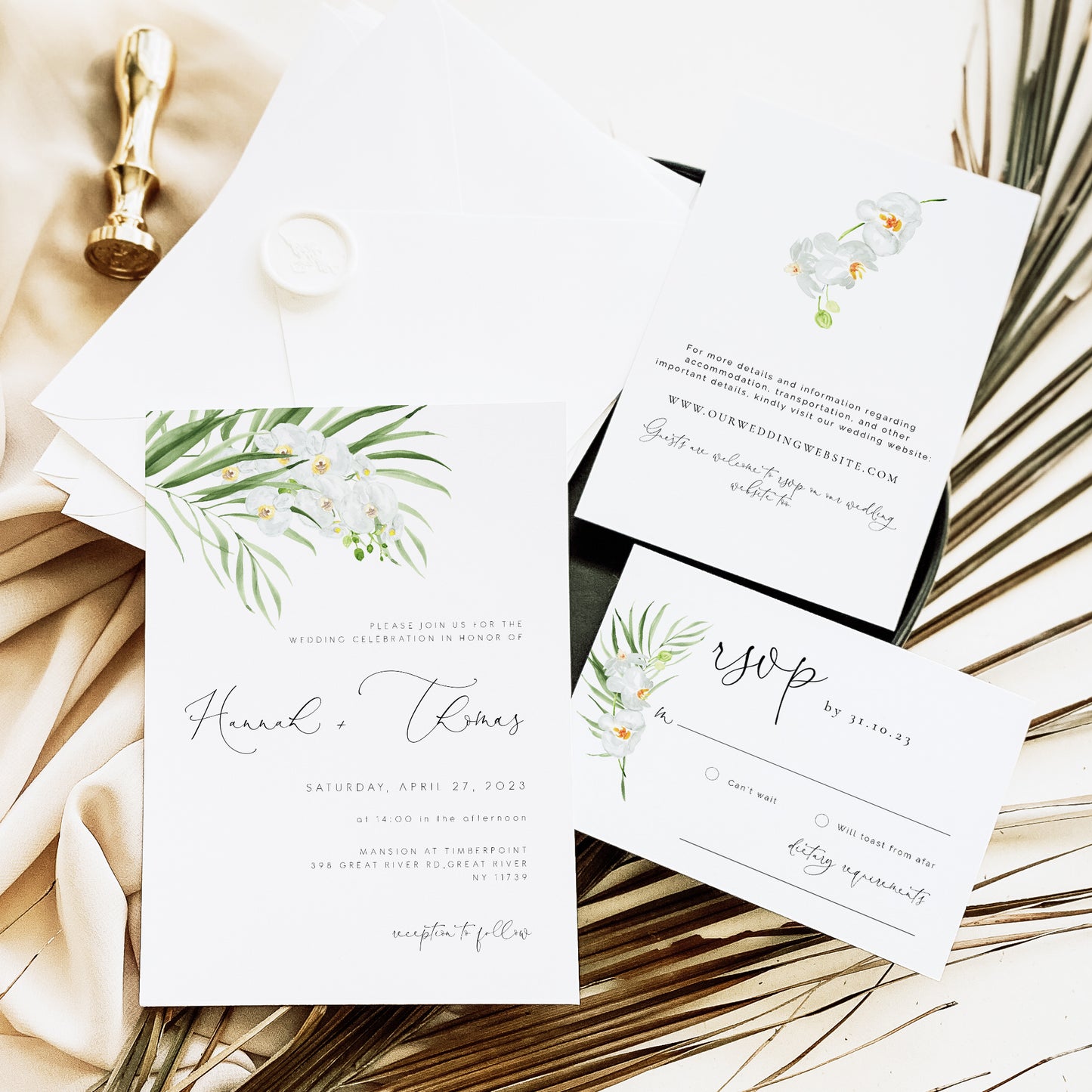 White Orchid Wedding Invitation set of 3