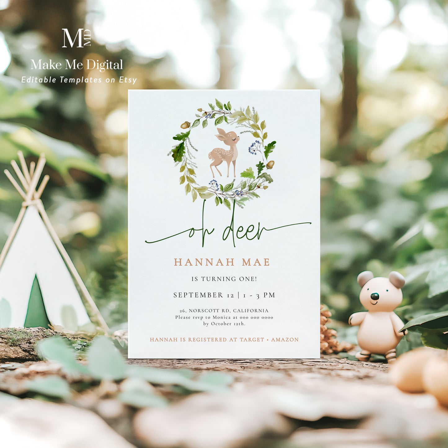 Woodland Deer First Birthday Invitation