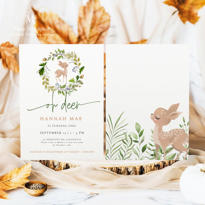 Woodland Deer First Birthday Invitation