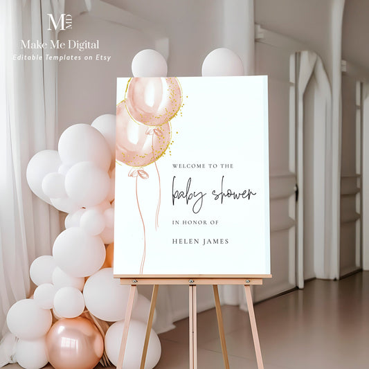 Pink Balloon Girl Baby Shower Welcome Sign template