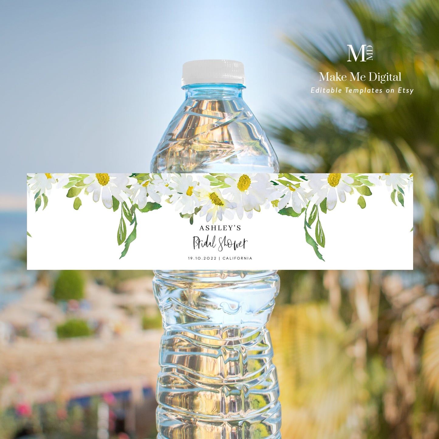 white daisy floral bridal shower water bottle label