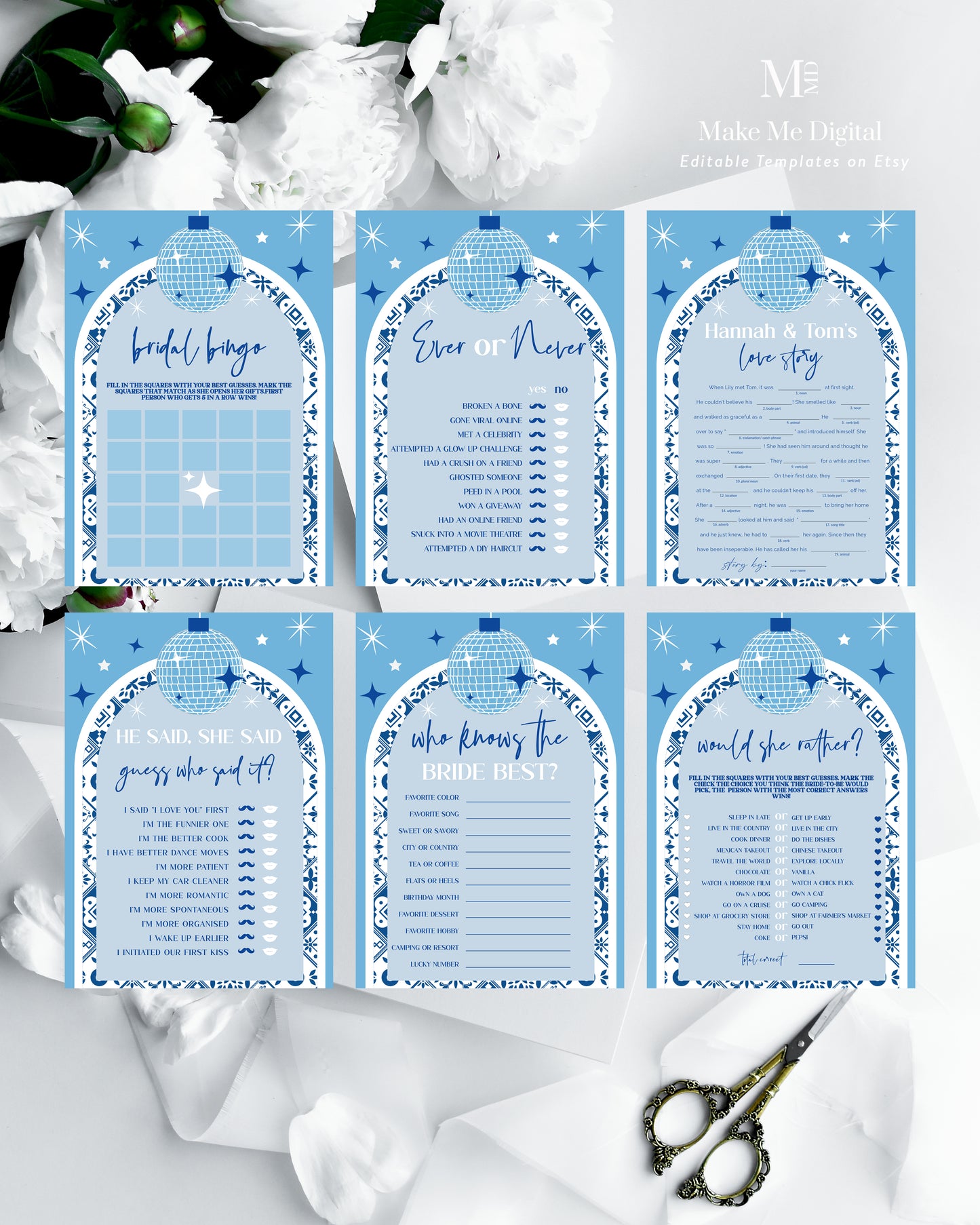 12 Blue Tile Santorini Bridal Shower Game Bundle