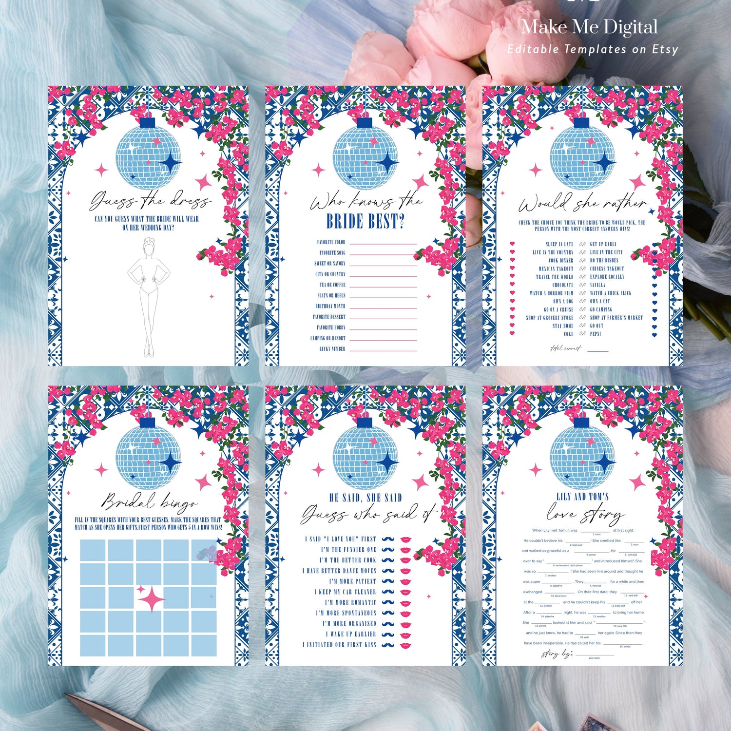 mamma mia themed pink and blue tile bridal shower games