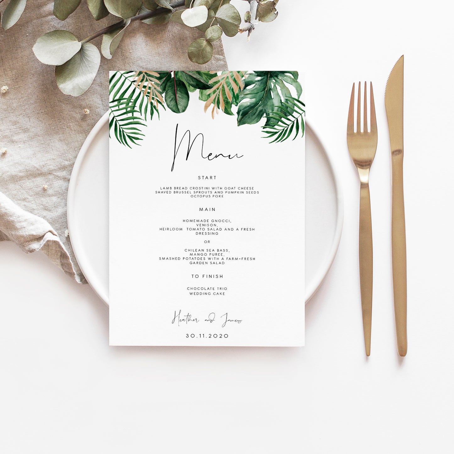 Tropical wedding menu, summer palm leaf bridal shower menu