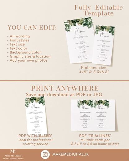 Tropical wedding menu, summer palm leaf bridal shower menu